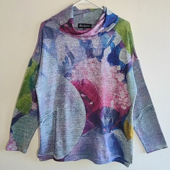 Claire Desjardins Tops - Claire Desjardins Cowl Neck Tunic Top Artsy Watercolor Abstract Florals Sz Large